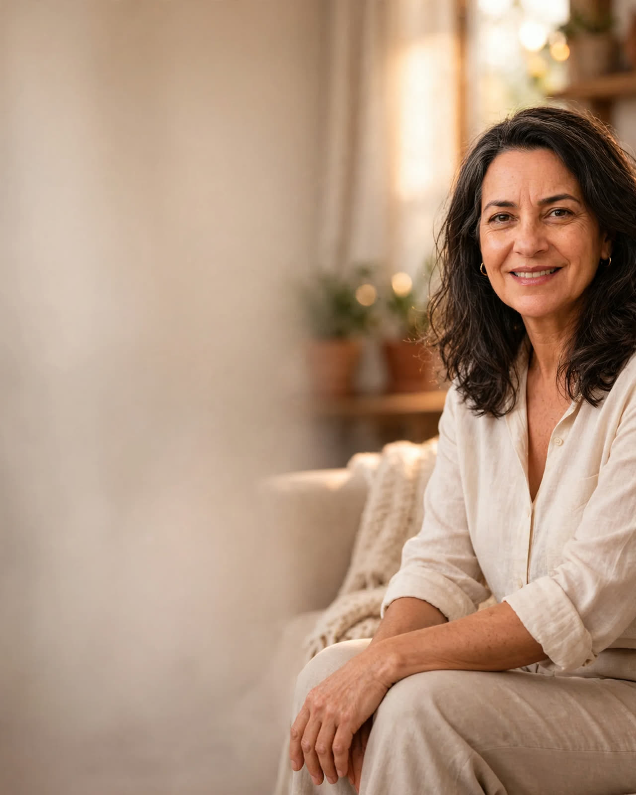 Lúcia sorrindo em casa