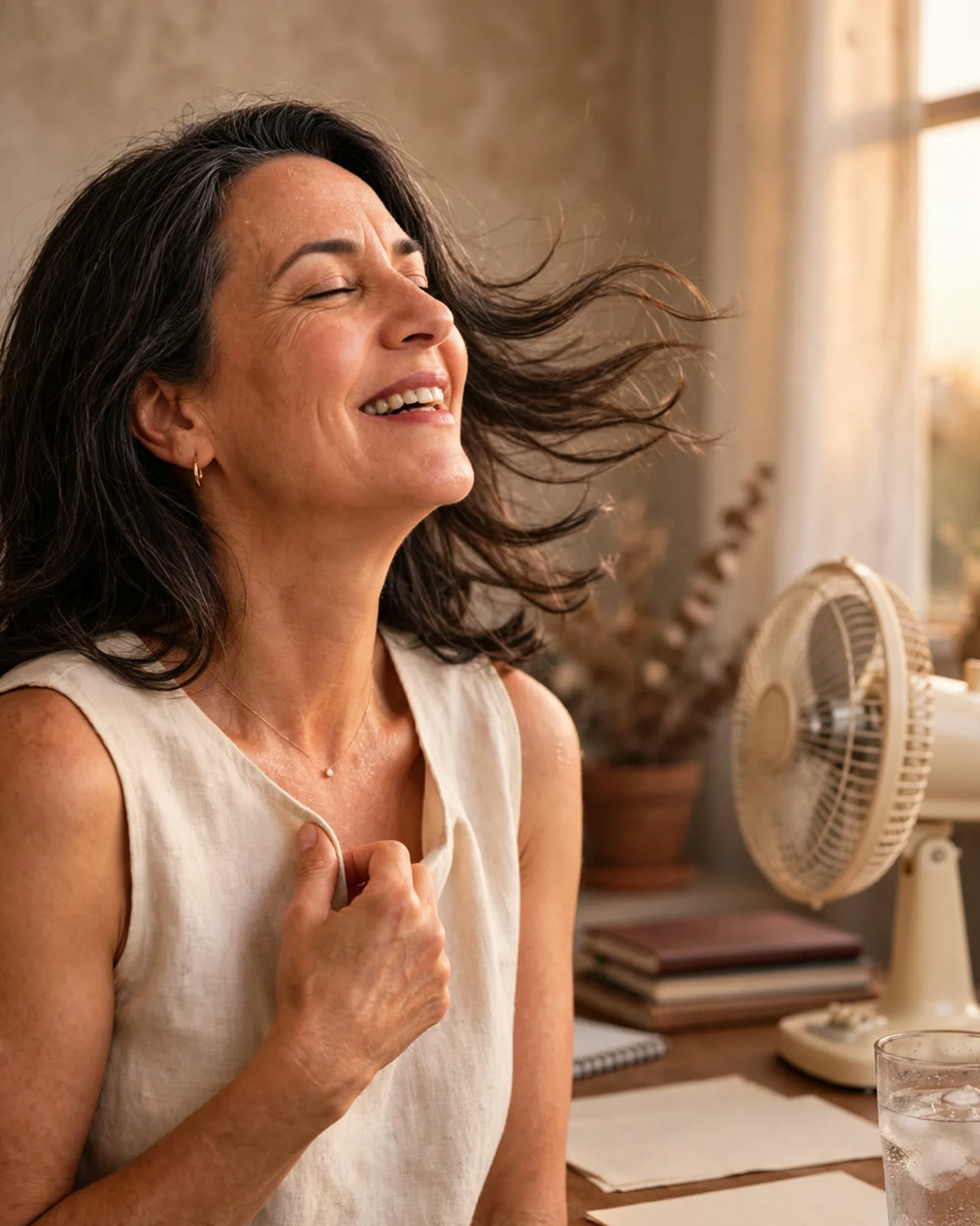 Lúcia se abanando na frente do ventilador