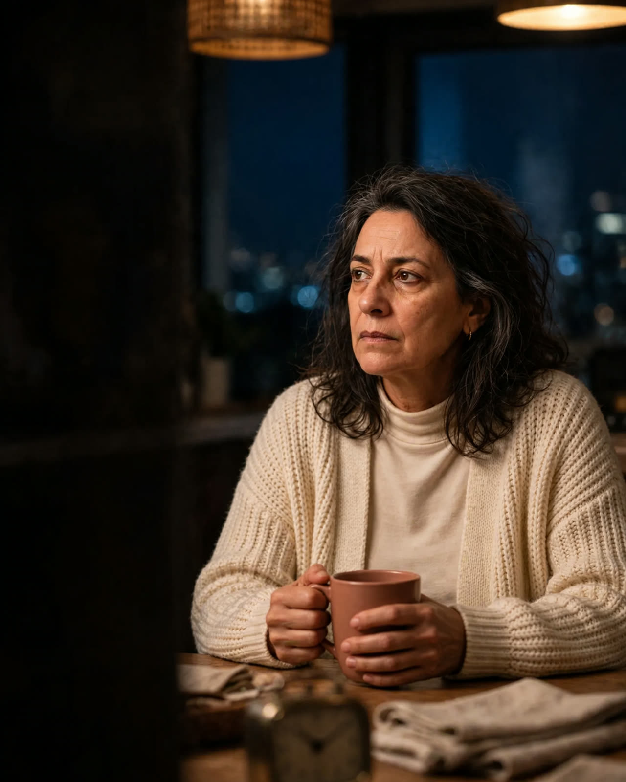 Lúcia acordada de madrugada com uma caneca