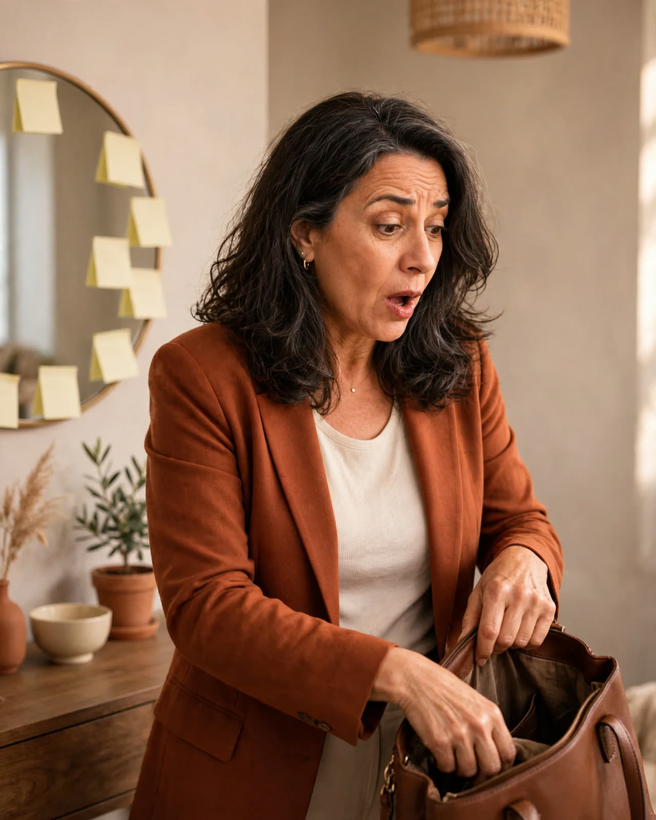 Lúcia procurando as chaves na bolsa